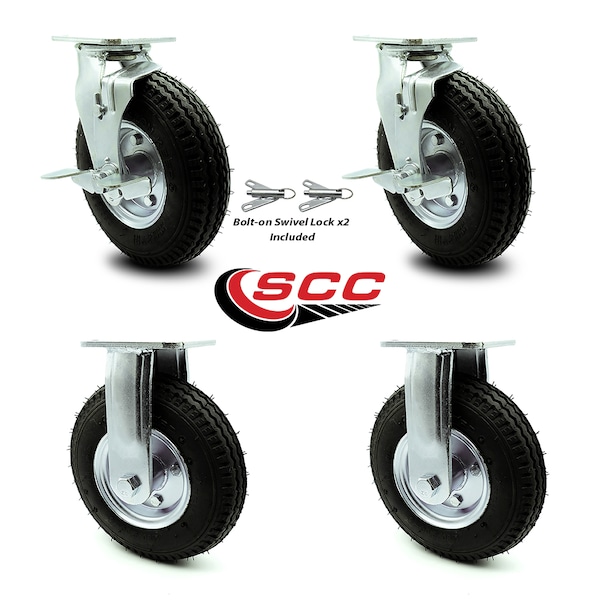 8 Inch Black Pneumatic Wheel Caster Swivel with Brake Swivel Lock 2 Rigid, 2PK